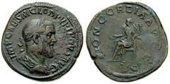 PUPIENUS Estimate $300 PUPIENUS. 238 AD. Æ Sestertius (22.77 gm). Laureate, draped and cuirassed bust right, seen from behind / Concordia seated left, holding patera in right hand, double cornucopiae 