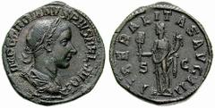 GORDIAN III Estimate $150 GORDIAN III. 238-244 AD. Æ Sestertius (20.42 gm). Laureate, draped and cuirassed bust right / Liberalitas standing front, head left, holding abacus and cornucopiae. RIC IV 29