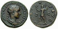 GORDIAN III Estimate $150 GORDIAN III. 238-244 AD. Æ Dupondius (10.57 gm). Radiate, draped and cuirassed bust right / Virtus standing left, holding branch and sceptre; shield below left. RIC IV 273c; 
