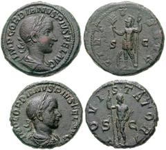 GORDIAN III Estimate $200 GORDIAN III. 238-244 AD. Æ As (10.01 gm). Laureate, draped and cuirassed bust right / Jupiter standing front, holding sceptre and thunderbolt. RIC IV 298b; Cohen 112. Lot als