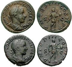 GORDIAN III Estimate $200 GORDIAN III. 238-244 AD. Æ As (8.65 gm). Laureate, draped and cuirassed bust right / Gordian standing right, holding sceptre and globe. RIC IV 306b; Cohen 255. Lot also inclu