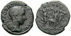 GORDIAN III Estimate $300 GORDIAN III. 238-244 AD. Æ As (8.61 gm). Laureate, draped and cuirassed bust right / Presentation scene showing Gordian seated left, being crowned by Victory behind, receivin