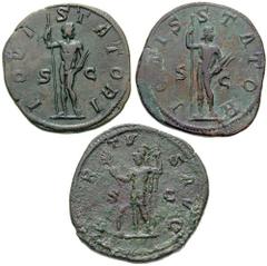 GORDIAN III Estimate $300  GORDIAN III. 238-244 AD. Lot of 3 Æ Sestertii. Rome mint. Includes the following: Virtus. RIC IV 293a // Jupiter. RIC IV 298a. // Jupiter. RIC IV 299a. Average VF condition.