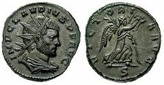 CLAUDIUS II GOTHICUS Estimate $200  CLAUDIUS II GOTHICUS. 268-270 AD. Antoninianus (4.77 gm). Milan mint. Radiate, draped and cuirassed bust right / Victory running right, holding wreath and palm; S. 