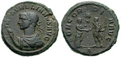 AURELIAN Estimate $500  AURELIAN. 270-275 AD. Æ As (9.08 gm). Rome mint. Laureate, draped and cuirassed bust left, right hand raised / Aurelian and Severina clasping hands, radiate bust of Sol between