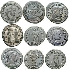 Lot of nine folles of the Tetrarchy Estimate $500 Lot of nine folles of the Tetrarchy. Includes: Diocletian. Aquileia. Moneta. RIC VI 35a. Nice VF // Diocletian. Cyzicus. Genius. RIC VI 10a. Good VF. 