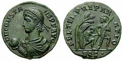CONSTANS Estimate $500 CONSTANS. 337-350 AD. Æ "Medallic" Centenionalis (4.48 gm). Struck 348-350 AD. Aquileia mint. Diademed, draped and cuirassed bust left, holding globe in right hand / Soldier adv