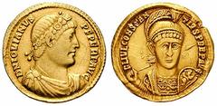 CONSTANTIUS II and JOVIAN Estimate $400 CONSTANTIUS II and JOVIAN. Lot of two solidi. Includes: Constantius II. Arles. RIC VIII 238. Good Fine, scratches in obverse field // Jovian. Constantinople. RI