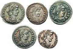Lot of five siliqua Estimate $500 Lot of five siliqua. Includes: Constantius II. Lugdunum. Victory. RSC 259a. Toned EF, hairline flan crack // Constantius II. Sirmium. Legend in wreath. RSC 342-3e. To