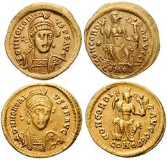 HONORIUS Estimate $400 HONORIUS. 393-423 AD. Lot of two AV Solidi. Includes the following: Constantinopolis seated facing, head right, holding long sceptre and Victory on globe, right foot on prow; st