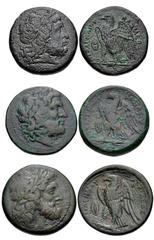 PTOLEMAIC KINGS of EGYPT. temp. Ptolemy II Philadelphos. 285-246 BC. Lot of three: a bronze from a Ptolemaic mint in Sicily, along with two Syracusan mint ‘imitations’ struck under Hieron II. Includes