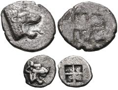 GREEK. Northern Greece. Lot of two (2) silver fractions of an uncertain Thraco-Macedonian mint. Includes: THRACO-MACEDONIAN REGION, Uncertain. AR Diobol. Head of lion right / Quadripartite incuse squa