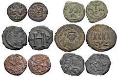 BYZANTINE. Lot of six (6) bronze coins from Justinian I to Andronicus I. Includes: Justinian I. Æ 8 Nummi. Thessalonica mint // Justin II, with Sophia. Æ Follis. Contemporary imitation // Justin II, w