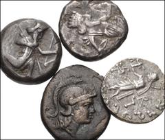 MIXED. Greek-Central Asian. Lot of four (4) coins from Pamphylia to the Indo-Skythian Kingdom. Includes: GREEK: Pamphylia, Aspendos. Æ 15mm // Achaemenid Empire. AR Siglos (2) // CENTRAL ASIAN: Indo-S