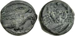 Greek SICILY, Akragas. Circa 415-406 BC. Æ Hexas – Dionkion (18mm, 7.82 g, 7h). Eagle, with spread wings, standing right on overturned and dead pig / Crab; two pellets (mark of value) in field; below,