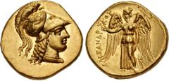 Greek KINGS of MACEDON. Alexander III 'the Great'. 336-323 BC. AV Stater (17.5mm, 8.59 g, 9h). Tarsos mint. Struck under Balakros or Menes, circa 332/1-327 BC. Helmeted head of Athena right / Nike sta