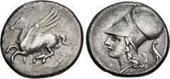 Greek CORINTHIA, Corinth. Circa 350/45-285 BC. AR Stater (21.5mm, 8.27 g, 1h). Pegasos flying left / Helmeted head of Athena left, helmet decorated with wreath; A-P flanking point of neck; to right, e