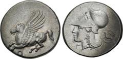 Greek CORINTHIA, Corinth. Circa 350/45-285 BC. AR Stater (21.5mm, 8.61 g, 12h). Pegasos flying left / Head of Athena left, wearing Corinthian helmet; Γ below chin, dove in wreath behind. Ravel Period 