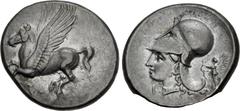 Greek CORINTHIA, Corinth. Circa 350/45-285 BC. AR Stater (22mm, 8.58 g, 1h). Pegasos flying left / Helmeted head of Athena left; I below chin; to right, Nike flying left, holding fillet. Ravel Period 
