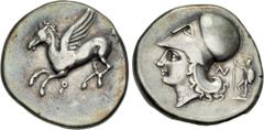 Greek CORINTHIA, Corinth. Circa 350/45-285 BC. AR Stater (21mm, 8.46 g, 2h). Pegasos flying left / Helmeted head of Athena left; to right, N and Ares standing right, holding shield and spear; all with