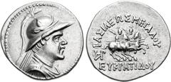 Oriental Greek BAKTRIA, Greco-Baktrian Kingdom. Eukratides I Megas. Circa 170-145 BC. AR Drachm (20mm, 4.25 g, 12h). Diademed and draped bust right, wearing helmet adorned with bull's horn and ear / T