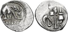 Roman Republican The Caesarians. Julius Caesar. April-August 49 BC. AR Denarius (19mm, 3.82 g, 9h). Military mint traveling with Caesar. Elephant advancing right, trampling on horned serpent / Emblems
