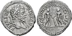 Roman Imperial Septimius Severus. AD 193-211. AR Denarius (18mm, 3.23 g, 12h). Secular Games issue. Rome mint. Struck AD 204. Laureate head right / COS III LVDOS SAECVL FEC, Liber (Bacchus), wearing l