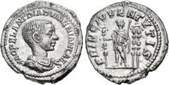 Roman Imperial Diadumenian. As Caesar, AD 217-218. AR Denarius (20mm, 3.79 g, 12h). Rome mint. 2nd emission of Macrinus. Bareheaded and draped bust right / Diadumenian standing slightly left, head rig