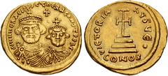 Byzantine Heraclius, with Heraclius Constantine. 610-641. AV Solidus (20mm, 4.29 g, 6h). Uncertain eastern military mint, 5th officina. Struck circa 613-circa 616/18. Crowned facing busts of Heraclius