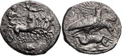 SICILY, Akragas. Circa 409-406 BC. AR Tetradrachm (28mm, 14.52 g, 11h). Charioteer driving fast quadriga right; above, Nike flying left, crowning charioteer; crab in exergue / Two eagles standing righ