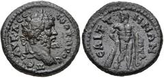 LYDIA, Saitta. Septimius Severus. AD 193-211. Æ (20mm, 4.94 g, 5h). Laureate head right / Hercules standing facing, head left, leaning on club and holding lion skin over arm. SNG München 442 (same die