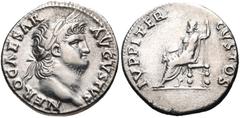 Nero. AD 54-68. AR Denarius (18mm, 3.16 g, 6h). Rome mint. Struck AD 64-65. Laureate head right / IVPPITER CVSTOS, Jupiter seated left on throne, holding thunderbolt and scepter. RIC I 53; RSC 119. VF