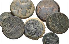 GREEK. Levant & the Near East. Lot of seven (7) bronze coins with ship theme. Includes: SELEUKID KINGS of SYRIA. Seleukos IV Phiopator // Antiochos IV Epiphanes // Demetrios I Soter // Demetrios II Ni
