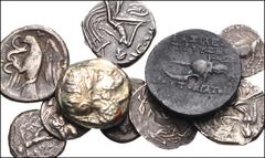 GREEK. Miscellaneous. Lot of ten (10) mostly silver coins. Includes: LUCANIA, Sybaris. AR Triobol // Thourioi. AR Triobol (2) // SICILY, Messana. AR Litra // EUBOIA, Chalkis. AR Drachm // Histiaia. AR