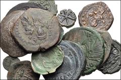 BYZANTINE. Lot of fourteen (14) mostly bronze coins from Justin I to Andronicus III. Includes: Justin I. Æ Follis // Æ Pentanummium (2) // Justinian I. Æ Follis (2) // Justin II & Sophia. Æ Half Folli