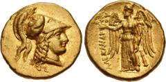 Greek KINGS of MACEDON. Alexander III 'the Great'. 336-323 BC. AV Stater (19mm, 8.60 g, 12h). Tarsos mint. Struck under Balakros or Menes, circa 332/1-327 BC. Helmeted head of Athena right / Nike stan