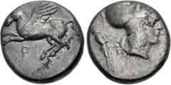 Greek CORINTHIA, Corinth. Circa 400-350/45 BC. AR Stater (19mm, 8.29 g, 9h). Pegasos flying left / Helmeted head of Athena right; to left, statuette of Zeus standing right, holding thunderbolt and spe