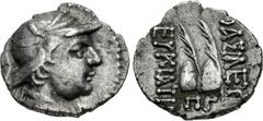 Oriental Greek BAKTRIA, Greco-Baktrian Kingdom. Eukratides I Megas. Circa 170-145 BC. AR Obol (10.5mm, 0.70 g, 12h). Diademed, draped, and cuirassed bust right, wearing crested helmet adorned with bul