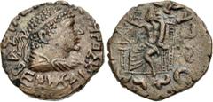 Oriental Greek BAKTRIA, Indo-Greek Kingdom. Hermaios Soter. Circa 105-90 BC. CU Tetradrachm (25mm, 9.01 g, 3h). Posthumous issue struck by Indo-Skythians, circa 50-5 BC. Diademed and draped bust right