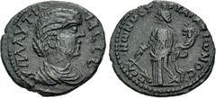Roman Provincial PHRYGIA, Peltae. Plautilla. Augusta, AD 202-205. Æ (22.5mm, 4.96 g, 6h). Tatarion, stratagos and arachon. Draped bust right / Tyche standing facing, head left, holding rudder on globe