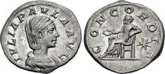Roman Imperial Julia Paula. Augusta, AD 219-220. AR Denarius (19mm, 2.91 g, 6h). Rome mint. Struck under Elagabalus, AD 220. Draped bust right / Concordia seated left, holding patera; star to right. R