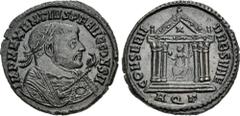 Roman Imperial Maxentius. AD 307-312. Æ Follis (24.5mm, 6.12 g, 6h). Aquileia mint, 3rd officina. 3rd emission, early spring AD 308-spring/summer 309. Laureate and trabeate bust right, holding eagle-t