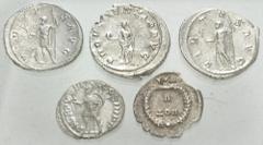 Large Lots ROMAN. Imperial. Lot of five (5) silver issues. Includes: AR Denarius // AR Antoninianus (3) // AR Siliqua. Average VF - Near EF, the siliqua chipped. LOT SOLD AS IS, NO RETURNS. Five (5) c
