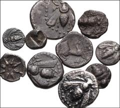 GREEK. Asia Minor. Lot of ten (10) silver issues from Ephesos in Ionia. Includes: AR Tetartemorion. SNG Kayahn 114 var. (denomination) // AR Hemobol. SNG Kayhan 125 var. (denomination) // AR Tetartemo