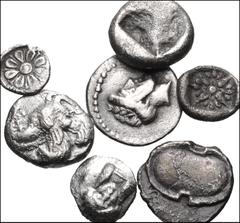 GREEK. Asia Minor. Lot of seven (7) silver fractions. Includes: IONIA, Kolophon. AR Tetartemorion // IONIA, Miletos. AR 1/32 Stater // MYSIA, Lampsakos. AR Obol // TROAS, Abydos. AR Obol // AEOLIS, Ky
