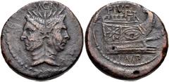 The Pompeians. Sextus Pompey. 42-38 BC. Æ As (30mm, 20.11 g, 12h). Uncertain Sicilian mint. 3rd emission, Group I, Series D. Laureate head of Janus, with the features resembling Pompey the Great / Pro