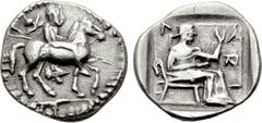 THESSALY, Larissa. Circa 460-400 BC. AR Trihemiobol (14mm, 1.35 g, 11h). Horseman, petasos tied at neck, holding spear, riding right; below, head of lion right / The nymph Larissa seated right within 