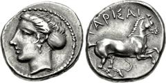 THESSALY, Larissa. Circa 410-405 BC. AR Drachm (19mm, 5.95 g, 9h). Head of the nymph Larissa left, hair in sakkos / Horse running right, trailing reins, within incuse circle. Lorber, Thessalian 64 var
