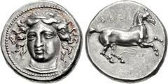 THESSALY, Larissa. Circa 405/0-370 BC. AR Drachm (18mm, 6.28 g, 6h). Head of the nymph Larissa facing slightly left, hair in ampyx / Horse prancing right, rein trailing below. L-S group 1, head type 1