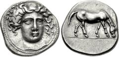 THESSALY, Larissa. Circa 405/0-370 BC. AR Drachm (19mm, 6.01 g, 1h). Head of the nymph Larissa facing slightly right, hair in ampyx [ part of the circle that was drawn to centrally position the design